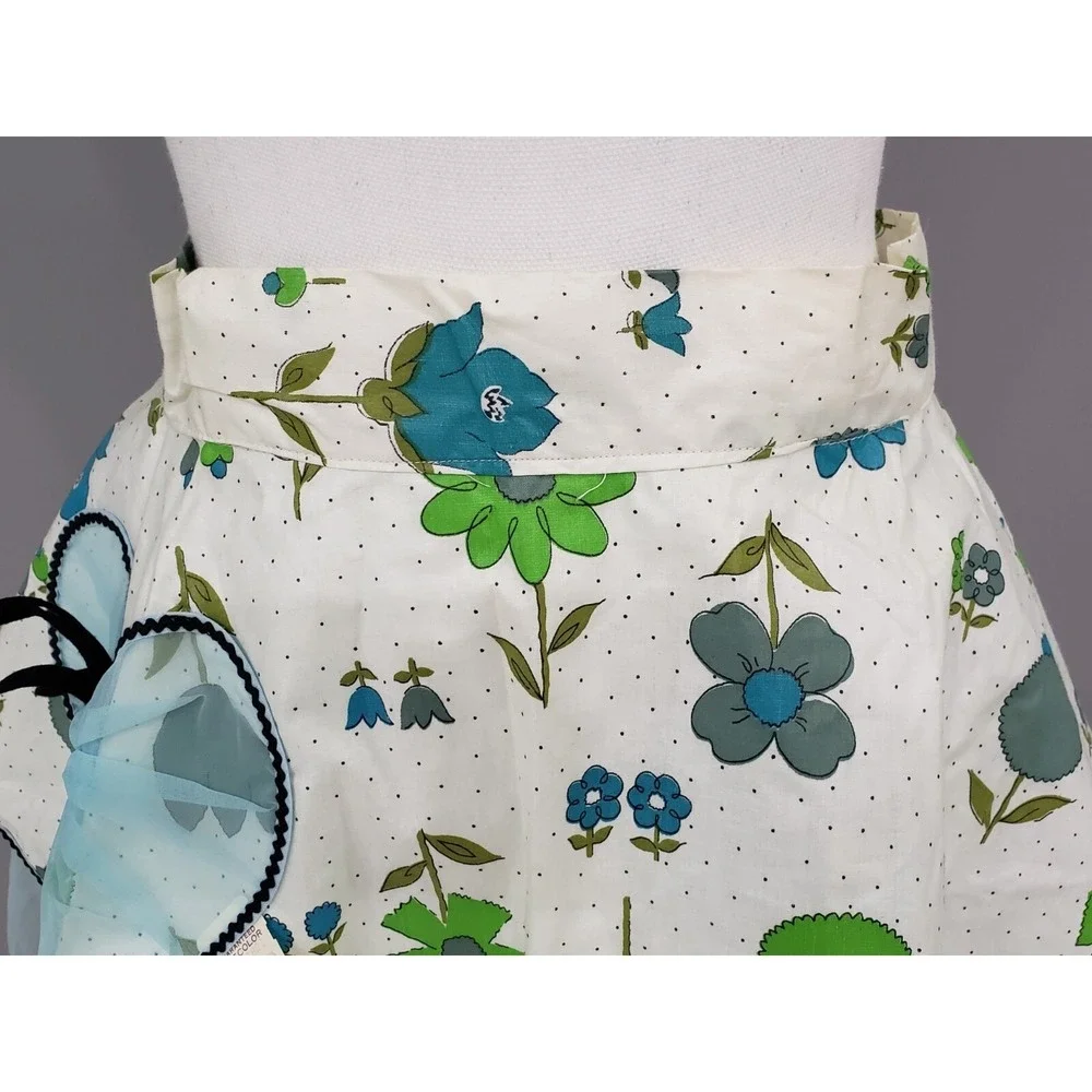 Vintage 1950s Blue Floral Hostess Apron Sheer Organza Overlay Bow Waist Retro